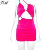 Women Fashion Sexy Sleeveless Single Shoulder Solid Color Holow Out Summer Short Dress for Party