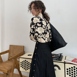 Women Rose Printed Button Design Elegant French Retro Loose Office Lady Blouse Leisure Breathable Chic Fashion Hot