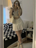 Crop Tops Women Summer Short Sleeve Lattice V-neck Sexy Slim Sweater POLO Neck Pullover Casual Clothes Female