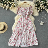 Zingj Dress Female Summer French Grandiflorum One Word Shoulder Short Sleeve Fairy Dress Super Fairy Tea Break Slit Over The Knee Long