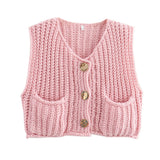2025 Spring And Autumn 2025 New Women's Pocket Sleeveless Short Knitted Cardigan
