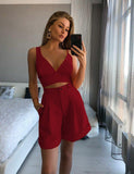 Summer V Neck Strap Crop Top + High Waist Shorts Women's Solid Color