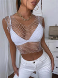 Diamonds Mesh Cropped Tank Top Women Summer Cover Up Bikini See Through Rhinestone Net Party Club Crop