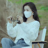 Zingj Lazy Wind Hollow Out V-Neck Sweater Female Spring And Summer 2024 New Fashion Versatile Show Thin Long-Sleeved