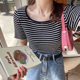 Zingj Neckline T-Shirt Female Summer 2024 Square Collar Design Sense Niche Stripe Short Sleeve Low Collar Slim Slim Knit