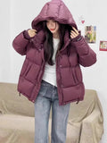 Hooded Logo Down Jacket Female Short 2024 Winter Fashion Ribbon Warm White Duck Velvet Knitted Sleeve Bread Clothes-Outfit