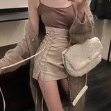 Women Ladies Skirt Spring Autumn Solid Color Sexy Clubwear Mini Skirt High Waist Lace-Up Pencil Cross Skirt For
