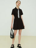 Polo Ruffles Pleated Dresses Women Short Sleeve Solid Vestidos Chic Lattice Tie Summer Mini A-line Dress Preppy