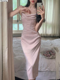 Women Corset Ruched Midi Dress Summer Spaghetti Strap Sexy Bodycon Elegant Prom Party Slim One Piece Clothes