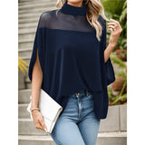 Women's Clothing 2025 Spring And Summer Women's T-Shirt Fashion Nets With Bare Shoulder Bat Sleeve High Collar Top In Spring And