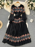 Bohemian Women Printed Pleated Long Dress Elegant Vacation Beach Maxi Vestidos Female Lantern Sleeve Draped Robe