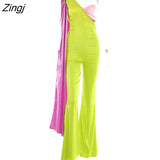 Contrast Color Patchwork One Shoulder Ribbons Women Jumpsuits Sexy Satin Slim Backless Jumpsuit Lady Streetwear