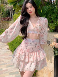 Summer Sweet Two Piece Set Sexy Backless Shirt Crop Top + Cake Skirt Suits Floral Chiffon Boho Beach Outfits For