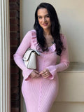 Pink Ruffled Long Sleeve Knit Midi Dress-Outfit