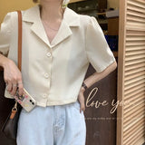 Women Cropped Short Sleeve Blouses Single Breasted Retro Notched Hong Kong Style Design Leisure Tops Female Daily