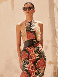 Printed Halter Tassel Slim Women's Robes Elegant Backless Sleeveless Maxi Dress 2024 Summer Ladies Party Evening