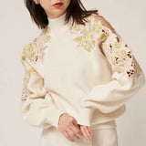 Japanese Pullovers 2022 Early Spring New Women Sweater Fashion Half Turtleneck Off Shoulder Embroidery Printing