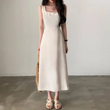 Zingj Chic Summer French Hepburn Wind Square Collar Dew Collarbone Waist Show Thin Big Pendulum A Line Dress
