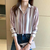 Woman Blouses 2023 Striped Shirts Long Sleeve Womens Tops Button Up Shirt Polo Neck Female Clothing Basic OL Ladies