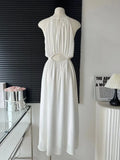 White Midi Dress for Women 2023 New Summer Korean Chic Sleeveless Casual Slim Female Clothes Beach Holiday Vintage