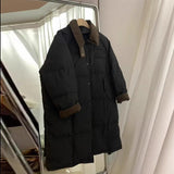 White Duck Velvet Contrast Color Long Down Jacket Female 2024 Winter Fashion Fashion Corduroy Lapel Over The Knee Coat Tide-Outfit