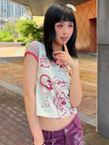 Aesthetic Kawaii Cute Cartoon Print Crop Top Contrast Color All Match Casual Women T-shirt Japanese Patchwork Fashion