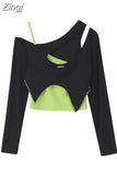 Crop Tops Women New Fake Two-piece Sexy Off Shoulder Irregular T-shirt Female Streetwear Vintage Long Sleeve Y2K Gothic