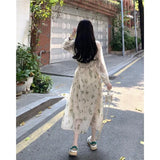 Zingj Tea Break Skirt Summer 2024 New Temperament Collar Waist Long Sleeve Small Floral Dress Woman-Outfit