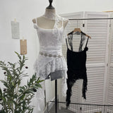 Shooting Lace Suspension Sheaf Vest Women's Summer Thin Irregular Lotus Leaf-Side Ribbon Slime Blouse