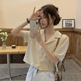 Women Cropped Short Sleeve Blouses Single Breasted Retro Notched Hong Kong Style Design Leisure Tops Female Daily