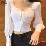 Women Square Collar Long Sleeve Casual Korean Style Solid Simple Chic Fashion Leisure Womens Streetwear All-match