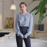 V-neck Office Shirt Korean Long Sleeve Polo Collar Women Clothing Solid Chiffon Blouse Womens Tops