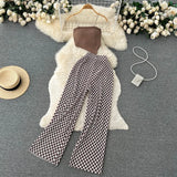 Zingj Girl Set Girl Strapless Strap Short Knit Top Print High Waist Wide Leg Trousers Two-Piece