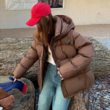 Hooded Logo Down Jacket Female Short 2024 Winter Fashion Ribbon Warm White Duck Velvet Knitted Sleeve Bread Clothes-Outfit