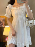 Elegant Women Sweet Lolita Dress 2022 Summer Square Collar Bandage White Princess Dresses Short Sleeve Ruffles