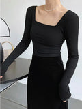 square-neck t-shirt women's slim-fit exposed collarbone low-neck short top bottoming