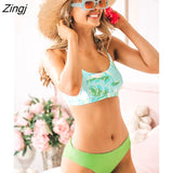 Tie Bralette And Reversible Hipster Bikini Set For Women Green Leaf Print Two Pieces Swimsuit 2023 Swimwear Bathing