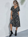 Printed Casual Beach Midi Dresses Women Summer V-neck Short Sleeve Empire Waist A-Line Dress Sundress Vestido Robes