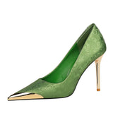 Zingj National Style Women's Shoes High Heels Silk Thin Heel Shallow Metal Pointed Head Satin Banquet High Heel Singles