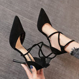 Pointed High-Heeled Women 2025 Spring New Temperament Cross-Lace Single Shoe Velvet Fine Heel Women's
