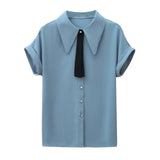 Zingj Shirt Female Summer Short Sleeve 2023 New Tie Design Sense Niche Shirt Temperament All-Match Professional
