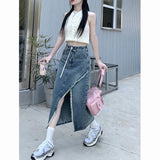 Women Denim Maxi Skirts Y2k Fashion High Waisted Blue Vent Raw Edge Korean Version Washing Casual Wrap Buttock Jean