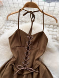 Sexy Draw String Spaghetti Strap Dress Elegant Halter Bandage Mini Beace Vestidos Female Slim Robe New Fashion
