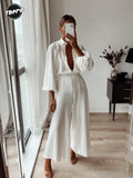 Women Elegant White Flared Pants 2 Piece Set Fashion Loose V Neck Lantern Sleeve Buttons Shirt Suits Summer Office Lady