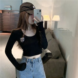 Sweaters Women's Long Sleeve Short White Color Inner Wear Slim Round Neck Tight Black Sexy Navel Early Spring