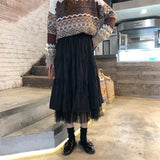 Tulle Midi Skirts Womens 2022 Spring Elastic High Waist Mesh Tutu Pleated Faldas Female Black White Long Jupe