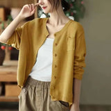 Zingj 2024 New Art Retro Cotton Thread Knit Cardigan Female Round Collar Long Sleeve Coat Fashion Casual Outside-Outfit