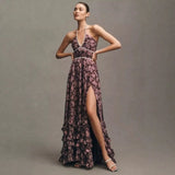 Sexy Pure-Want Wind Hanging Neck Dress Women's Summer Long Seaside Resort Wind-Dexed Skirt Floral