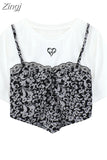 Style Fake 2 Piece Irregular Suspender T Shirt Women Summer 2023 Casual O Neck Short Sleeve Back Hollow Design Lady