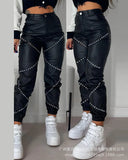 Zingj New Black PU Casual Sticker Pocket Tight Pants LZR17164 /